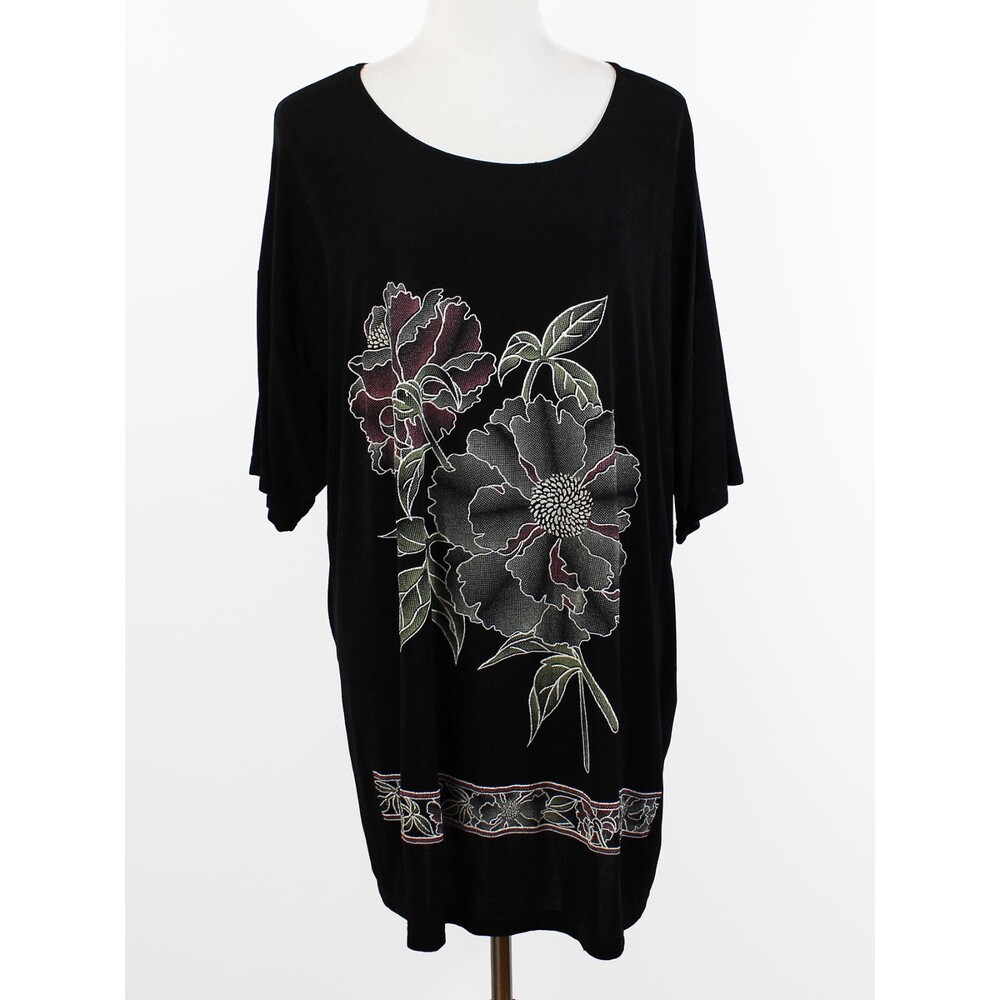 Fresh Paint XL Black Floral Hand Painted Shirft Dress Artsy Lagenlook Vintage